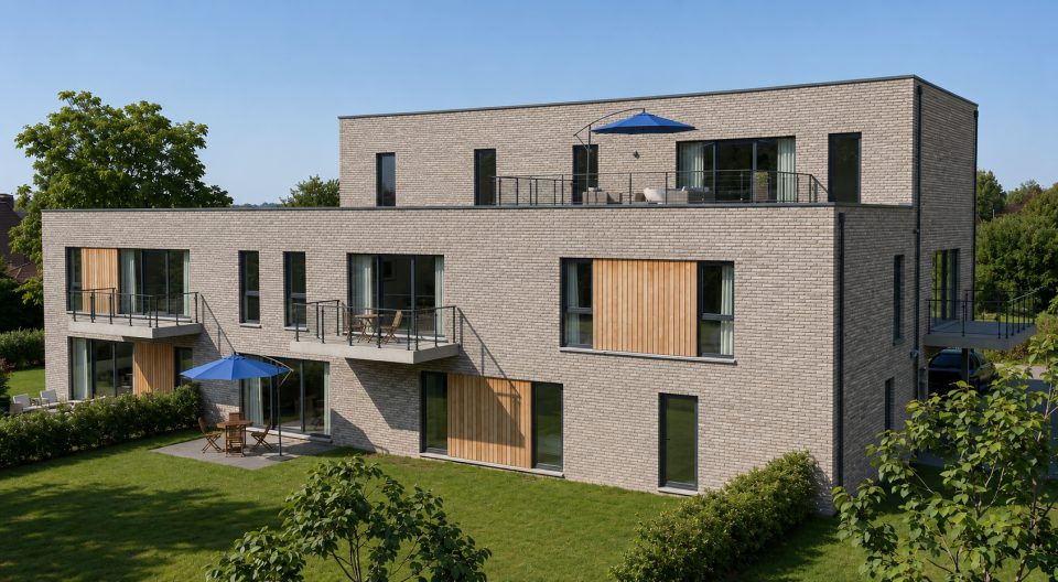Rendu 3D de la Résidence de la Forge à Bierwart, côté jardin : la terrasse sur le toit de l’appartement du dernier étage