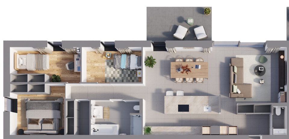 Plan 3D de l’appartement 1, 3 chambres, rez-de-chaussée, Résidence de la Forge à Bierwart, avec sa terrasse côté jardin