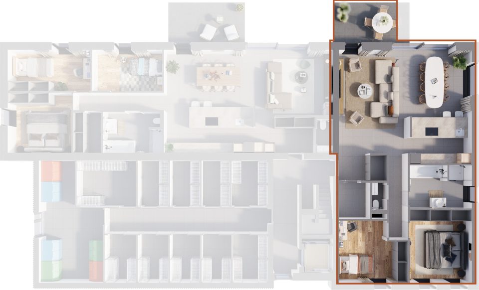 Plan du rez-de-chaussée de la Résidence de la Forge : situation de l’appartement 2 dans l’immeuble