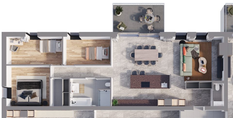 Plan 3D de l’appartement 4, 3 chambres, 1er étage, Résidence de la Forge à Bierwart, avec sa balcon côté jardin