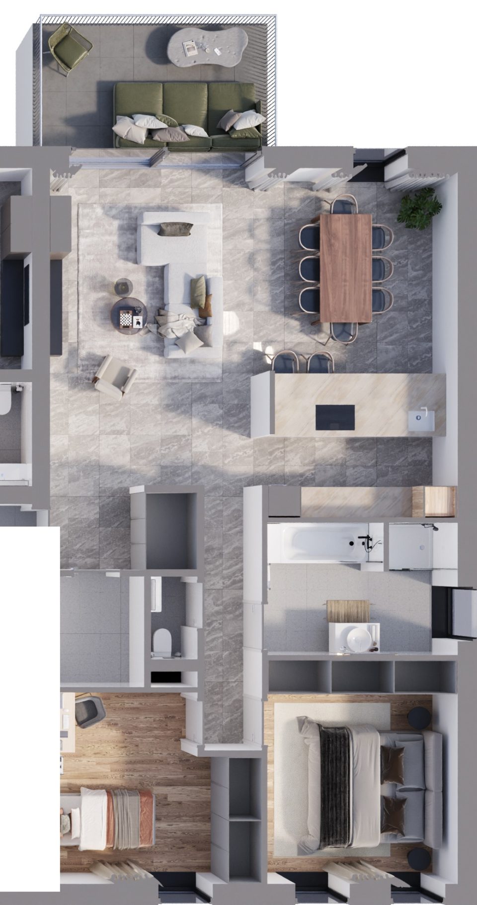 Plan 3D de l’appartement 5, 2 chambres, 1er étage, Résidence de la Forge à Bierwart, avec sa balcon côté jardin