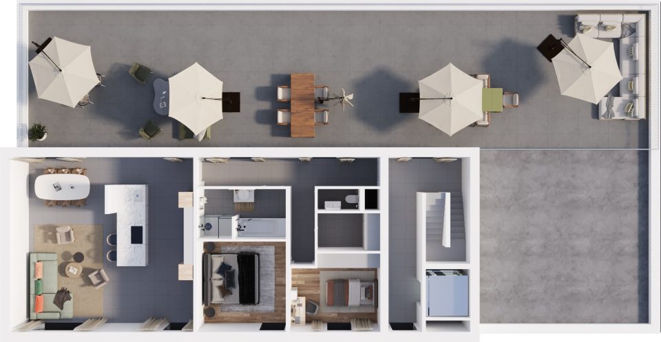 Plan 3D du 2e étage de la Résidence de la Forge : un appartement de 2 chambres et sa grande terrasse sur le toit