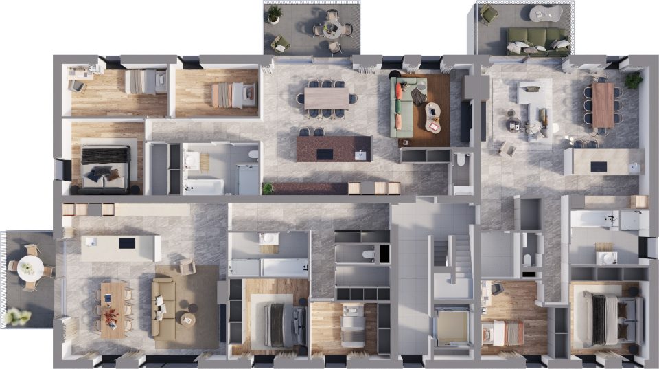 Plan 3D du 1er étage de la Résidence de la Forge : trois appartements avec balcon