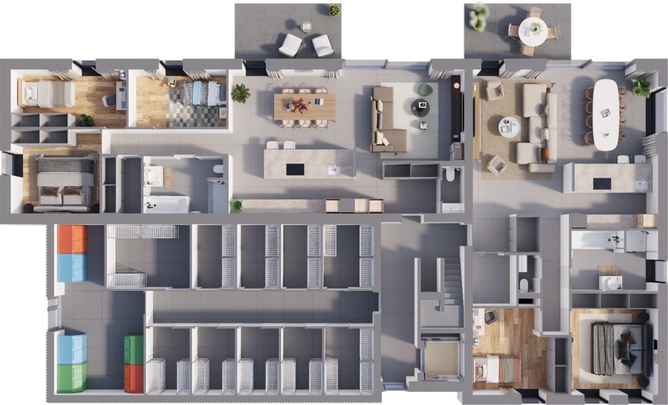 Plan 3D du rez-de-chaussée de la Résidence de la Forge : deux appartements avec terrasse, hall commun avec ascenseur, caves et local technique
